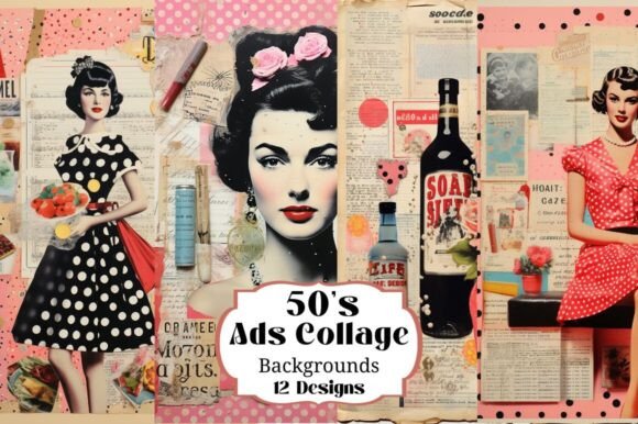 12 Retro Ads Fashion Collage Backgrounds: Vintage Design Assets